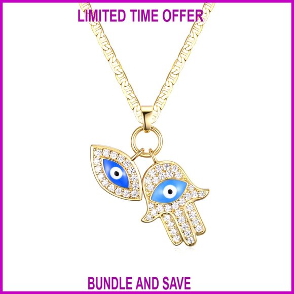 18K Gold Plated Evil Eye Hamsa Pendant Necklace with Crystals